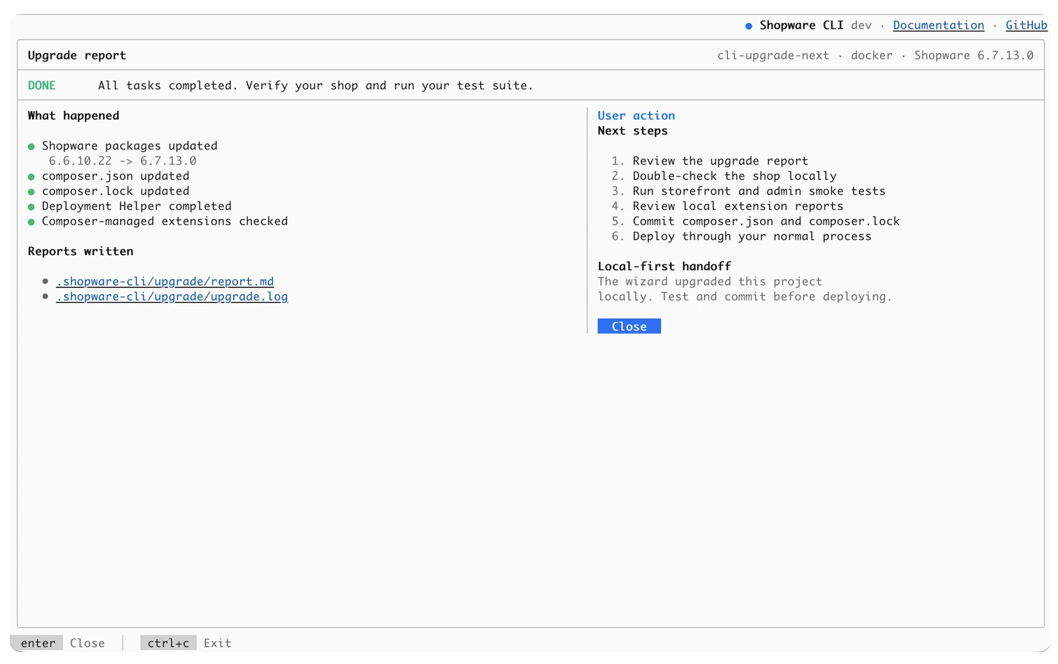 Shopware CLI project upgrade report and next steps